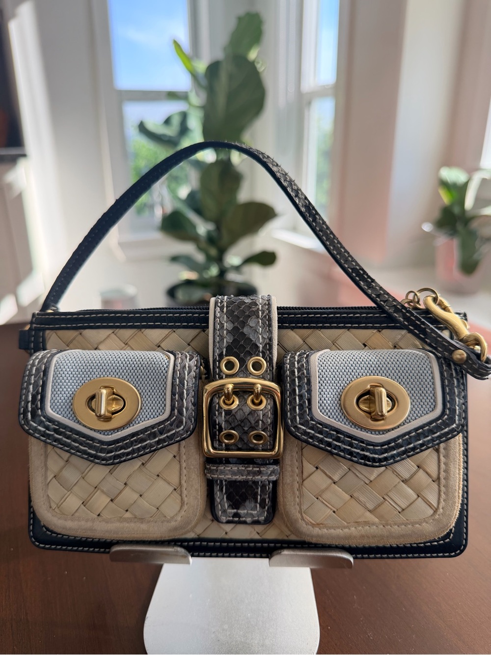 Coach Legacy Wristlet in Straw and Python-Embossed Leather